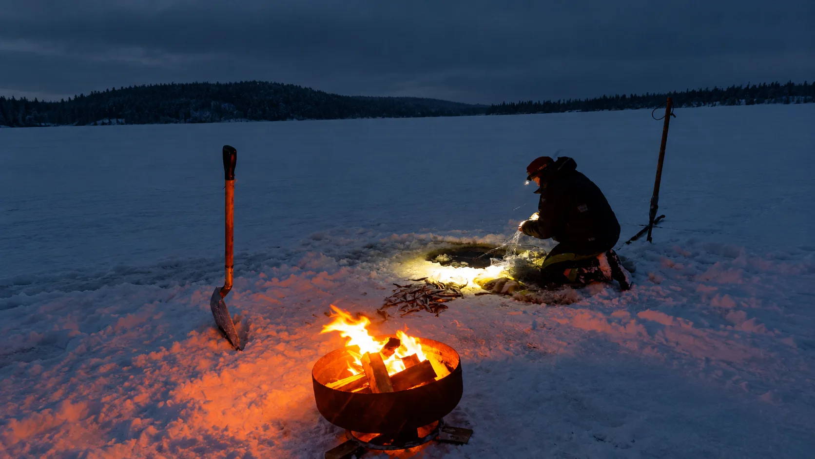 Ice fishing on the lake ice